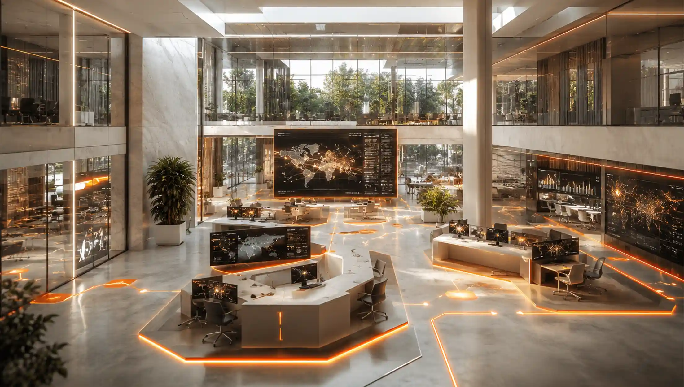 Modern high-tech office with hexagonal workstations, glowing orange floor lines and large screens displaying world maps.