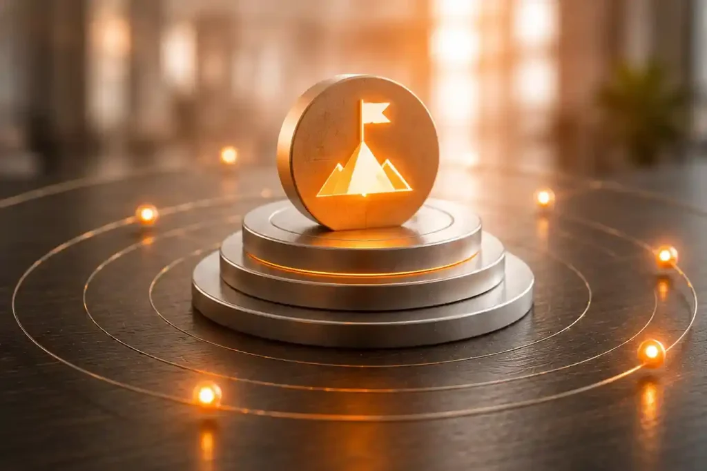 Glowing gold coin with mountain and flag icon on stacked pedestal, surrounded by illuminated orbit rings on dark surface.